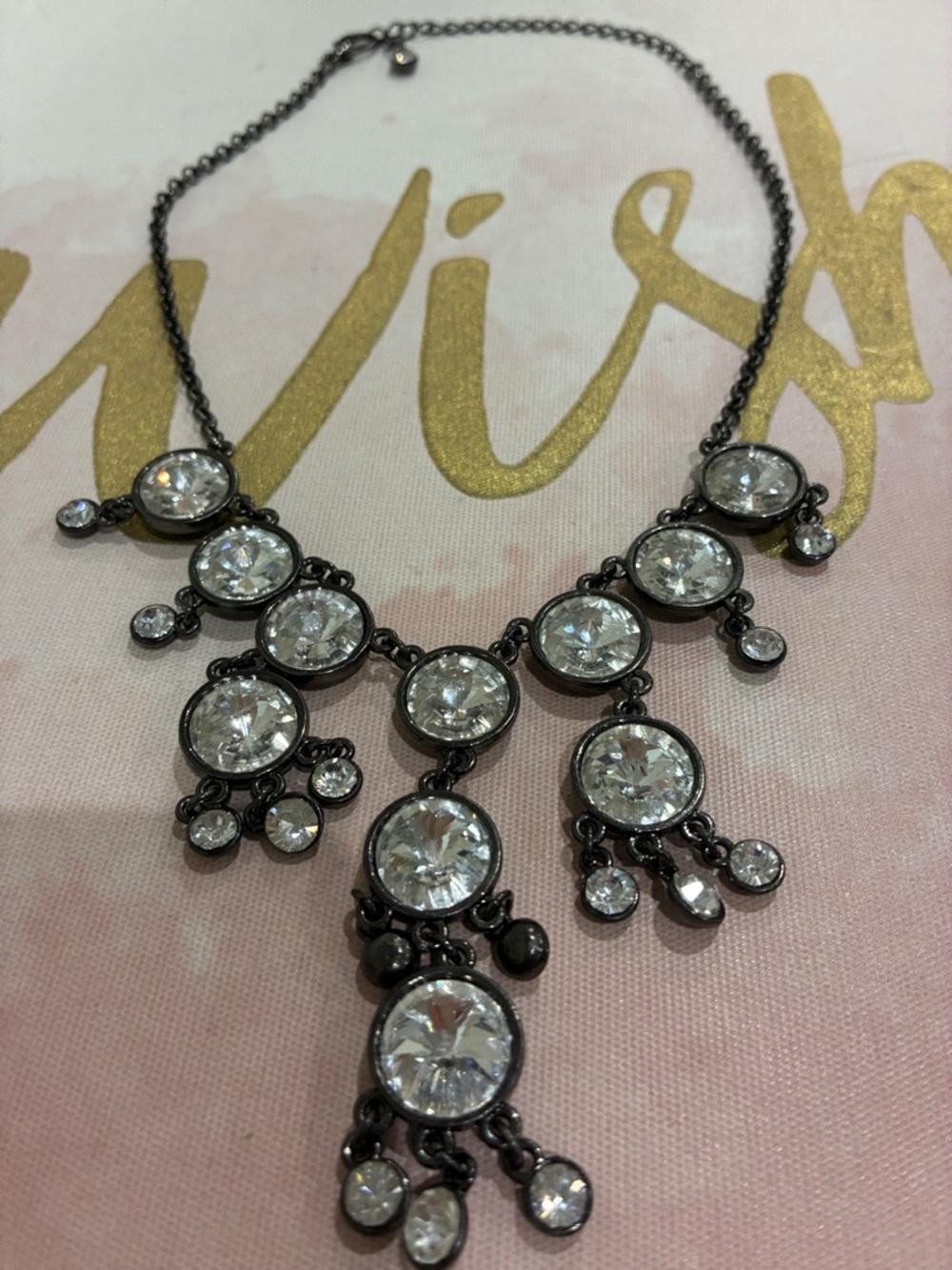 Crystal Statement Bib Gun Metal Necklace - Clear Crystals on Black Metal